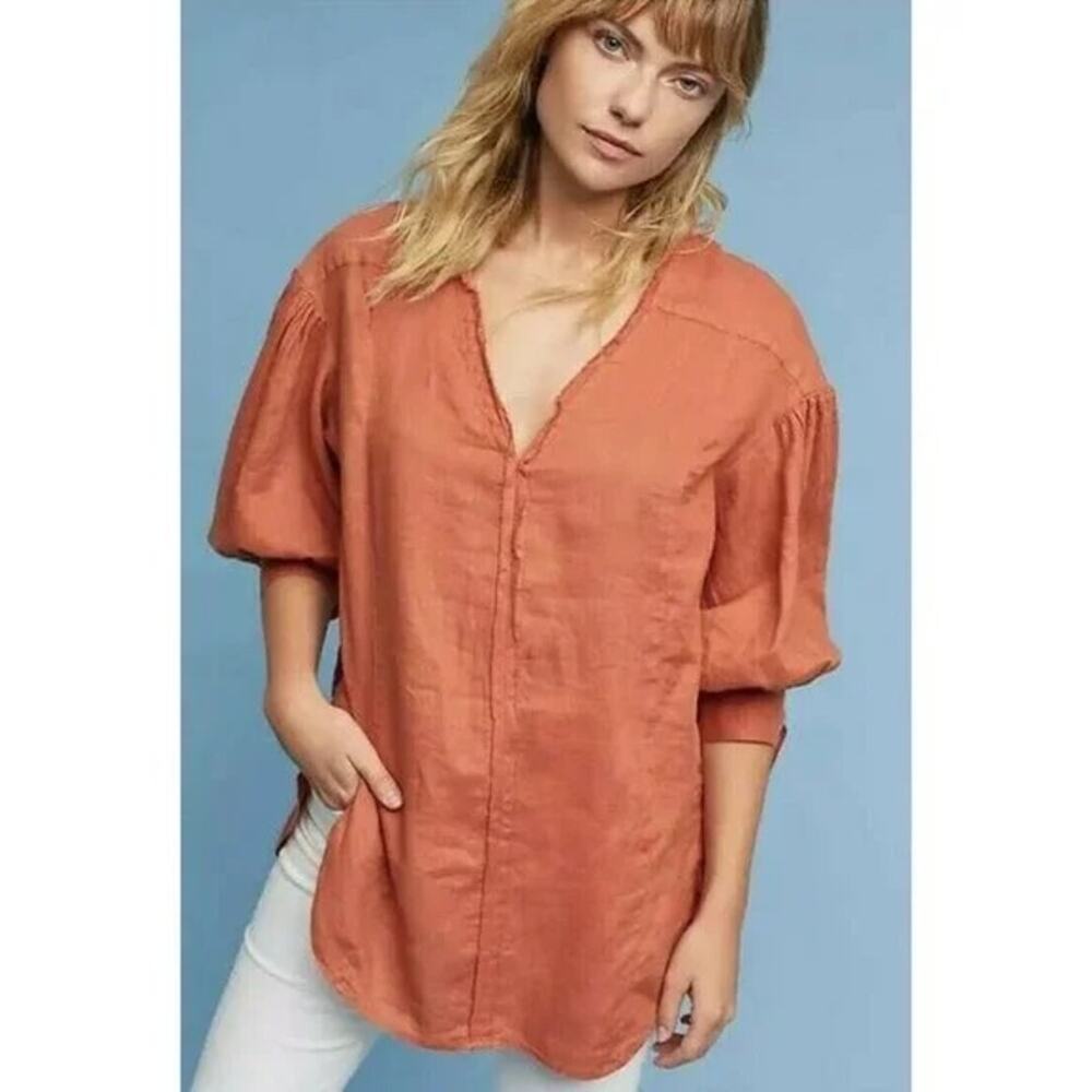 ANTHROPOLOGIE Holding Horses 100% Linen Peasant Blouse Top Rust Boho Small